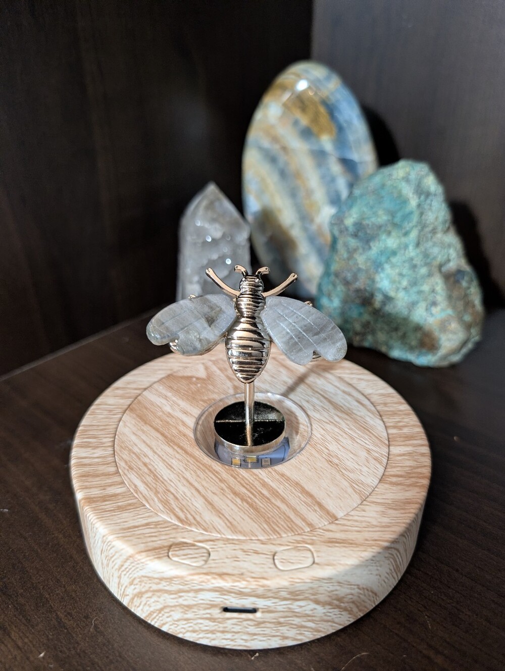 Labradorite Crystal Bee Carving on Silver Stand